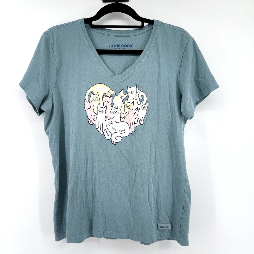Life Is Good Tee Cat Heart Graphic Large Blue Womens Crusher Lite V-Neck Shirt